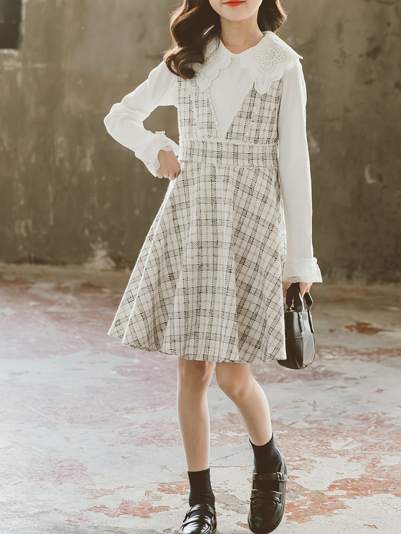 Girls Lace Trim LS Shirt & Plaid V neck Skirt Overall Dress Set