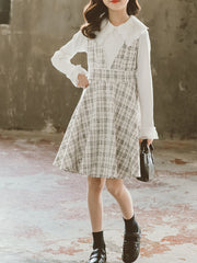Girls Lace Trim LS Shirt & Plaid V neck Skirt Overall Dress Set