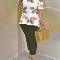 Floral Print V Neck Tunic Top & Skinny Pant Set