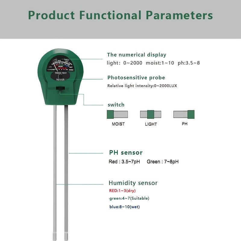 3-in-1 Soil PH Meter for Gardens, Plants, Ponds