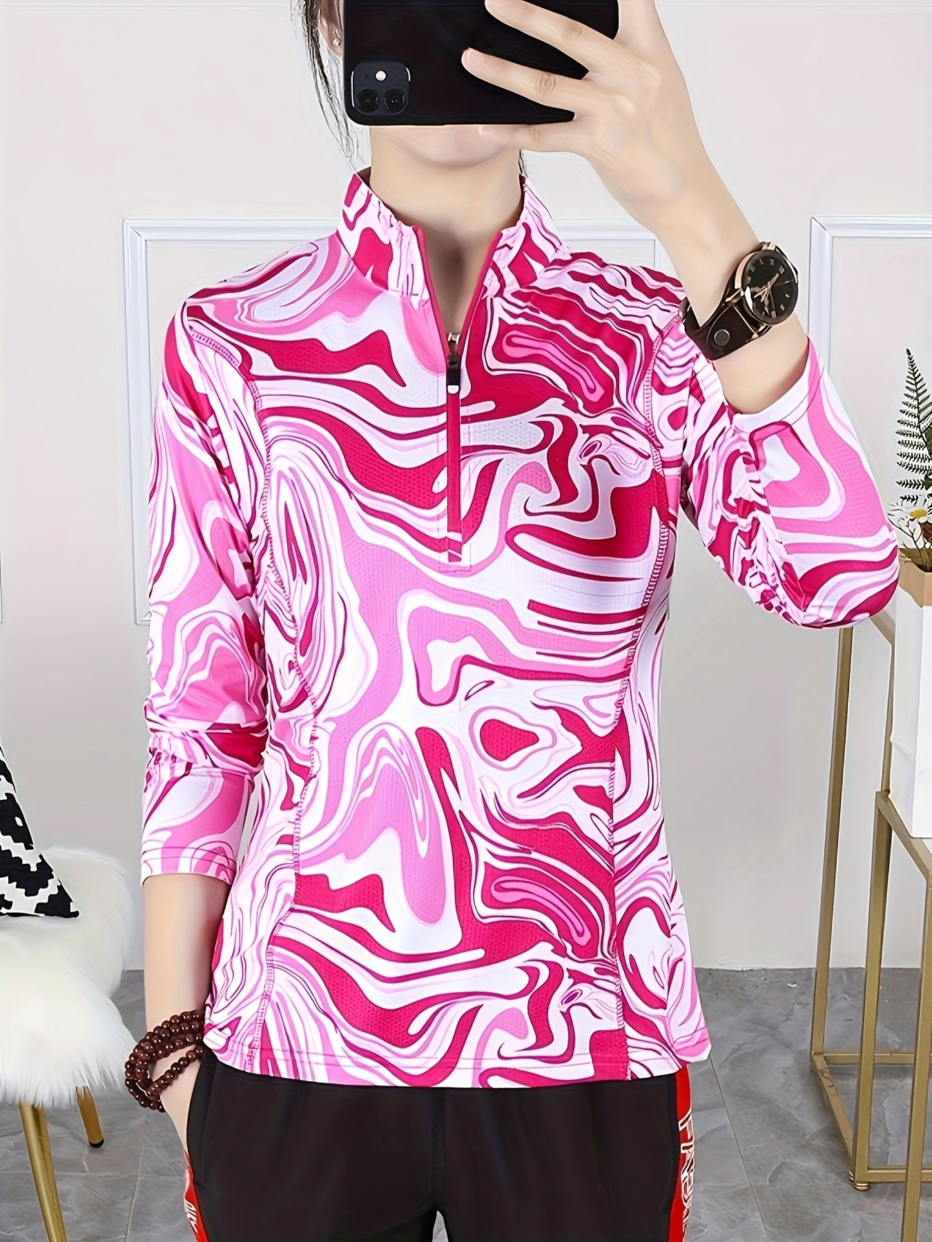 Striped Print Long Sleeves Sports Tee Quick Dry Half Zipper Mock Neck