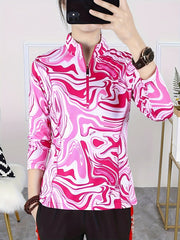 Striped Print Long Sleeves Sports Tee Quick Dry Half Zipper Mock Neck