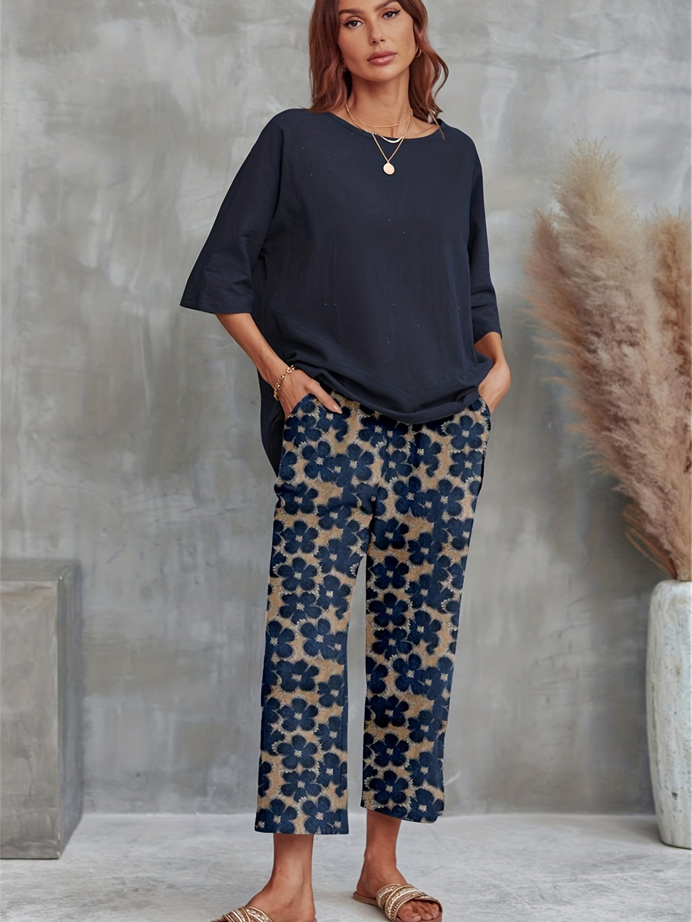 Casual 2pc Set Crew Neck T-shirt & Floral Wide Leg Pants
