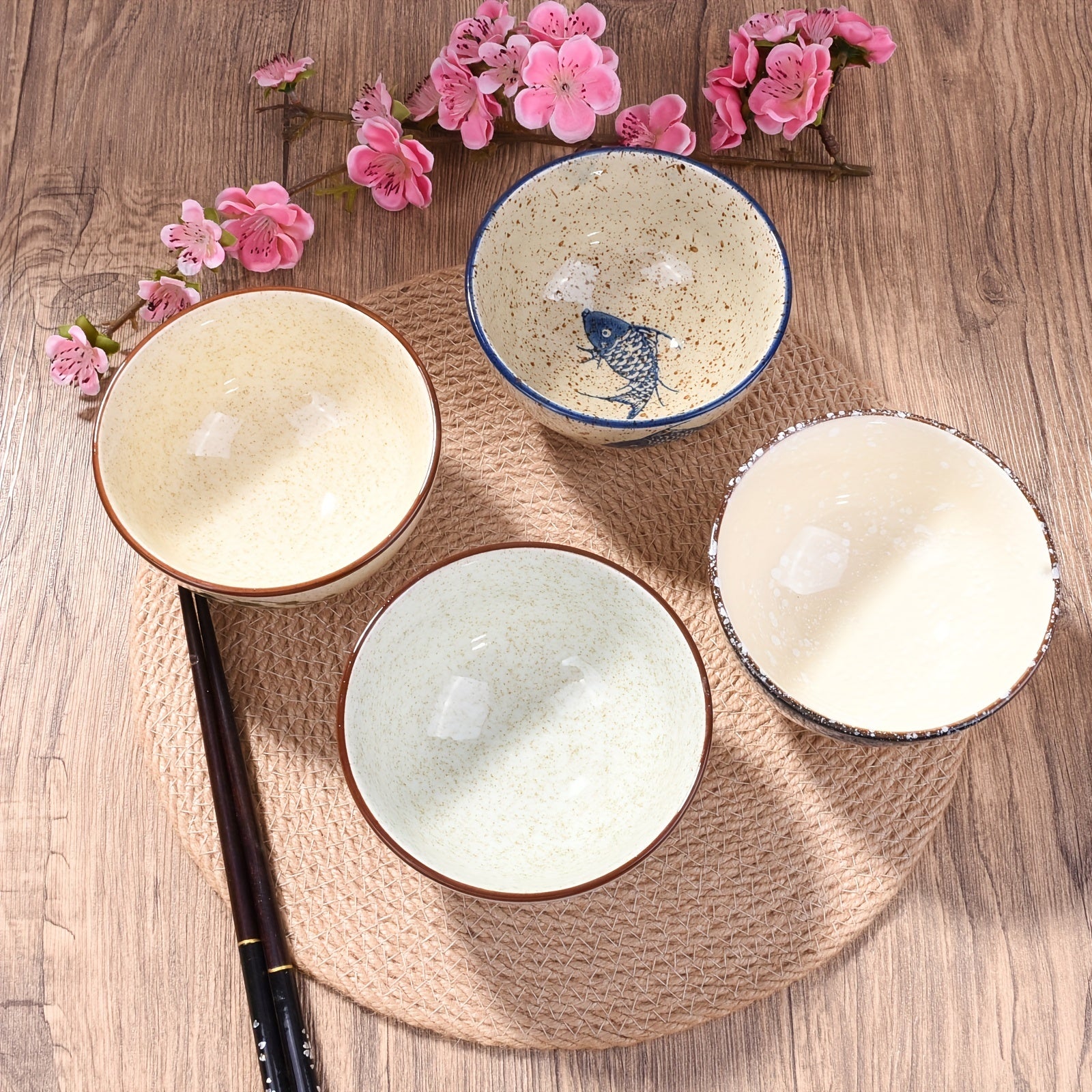 4 Ceramic Rice Bowls 10-14 Oz Microwave Safe Round Bowls for Soup Rice