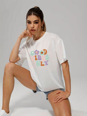 Smiling Face & Cartoon Flower & Letter Print T shirts Short Sleeve O neck