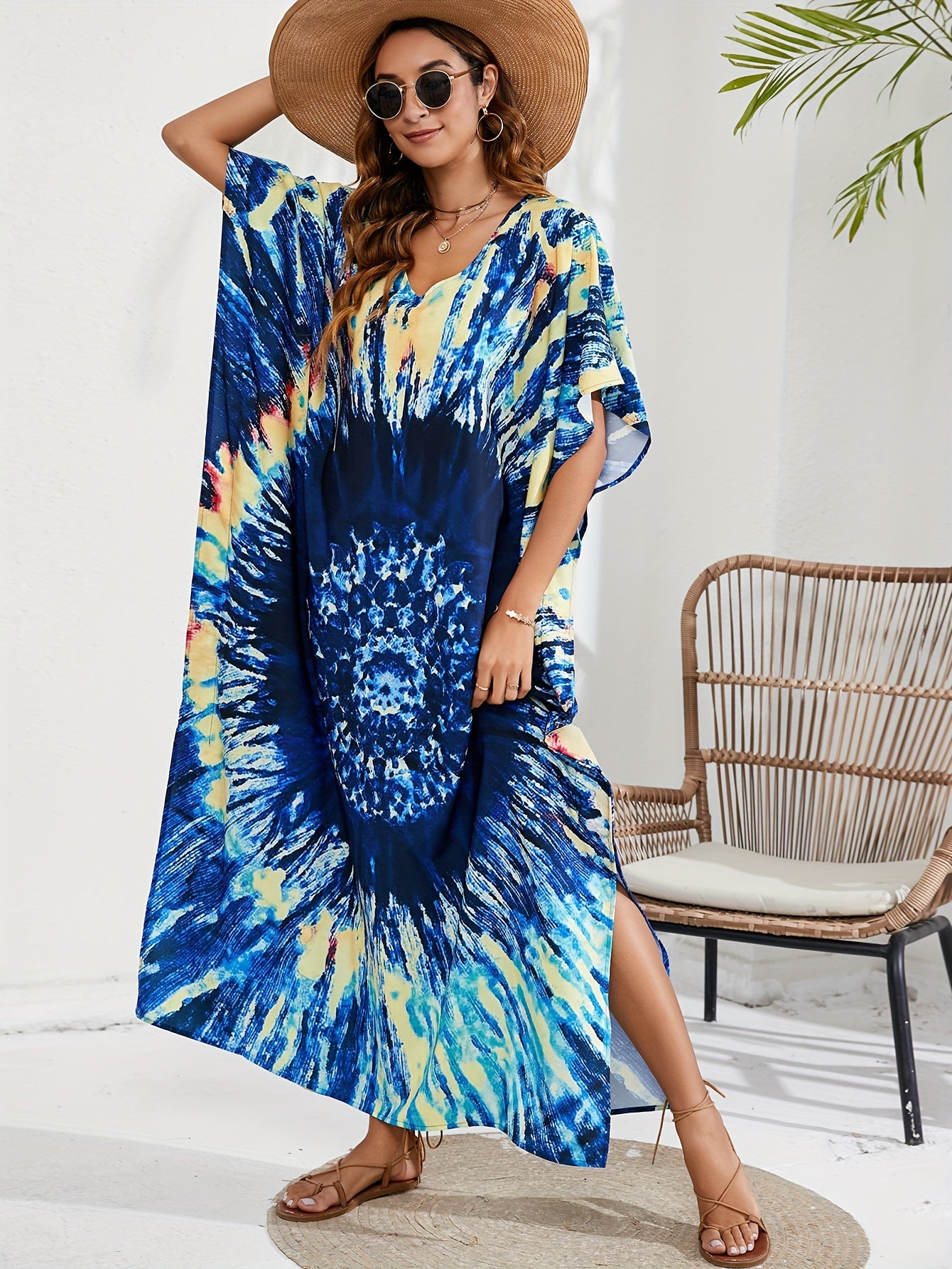 Plus Tie Dye Batwing Sleeve V Neck Maxi Split Kaftan Cover Up Dress