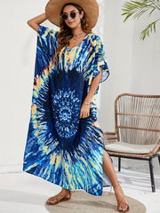 Plus Tie Dye Batwing Sleeve V Neck Maxi Split Kaftan Cover Up Dress