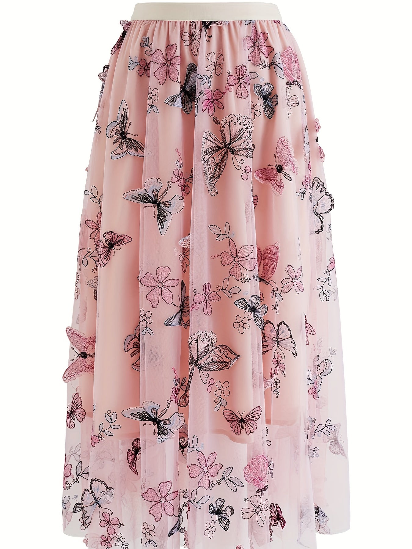 Butterfly Embroidered Midi Dress Elastic Waist Vacation Casual Dress