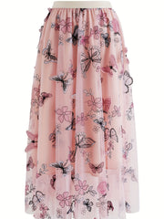 Butterfly Embroidered Midi Dress Elastic Waist Vacation Casual Dress
