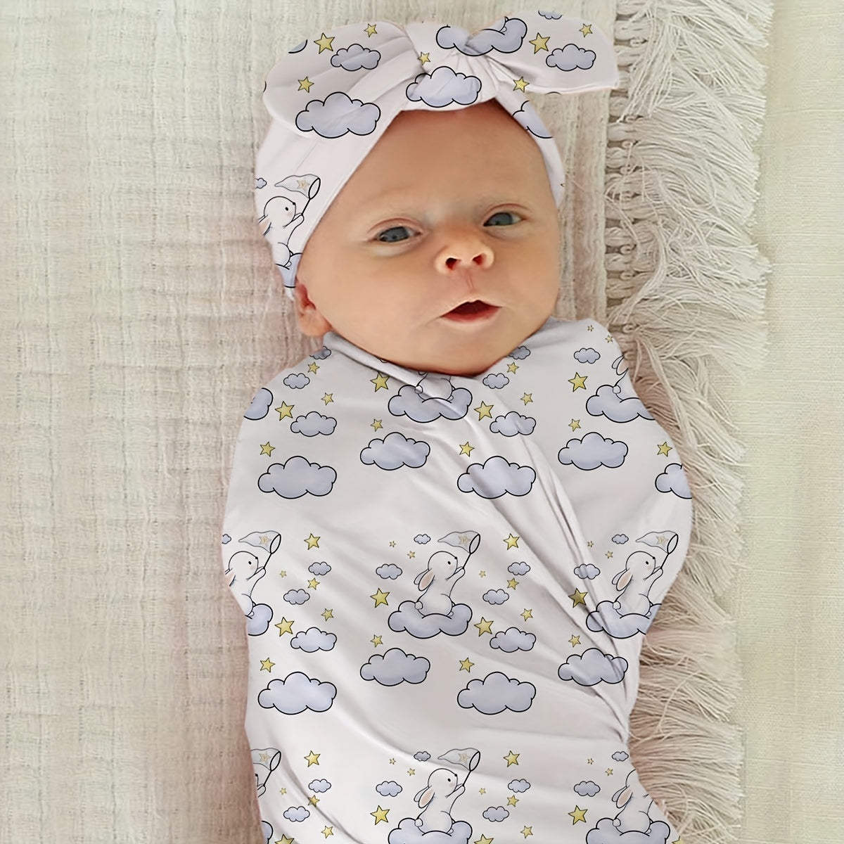 3 Piece Newborn Blanket Kit Rabbit Print Wrap Anti Startle Swaddle Headband