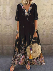 Floral Print V Neck Maxi Dress Plus Size Women