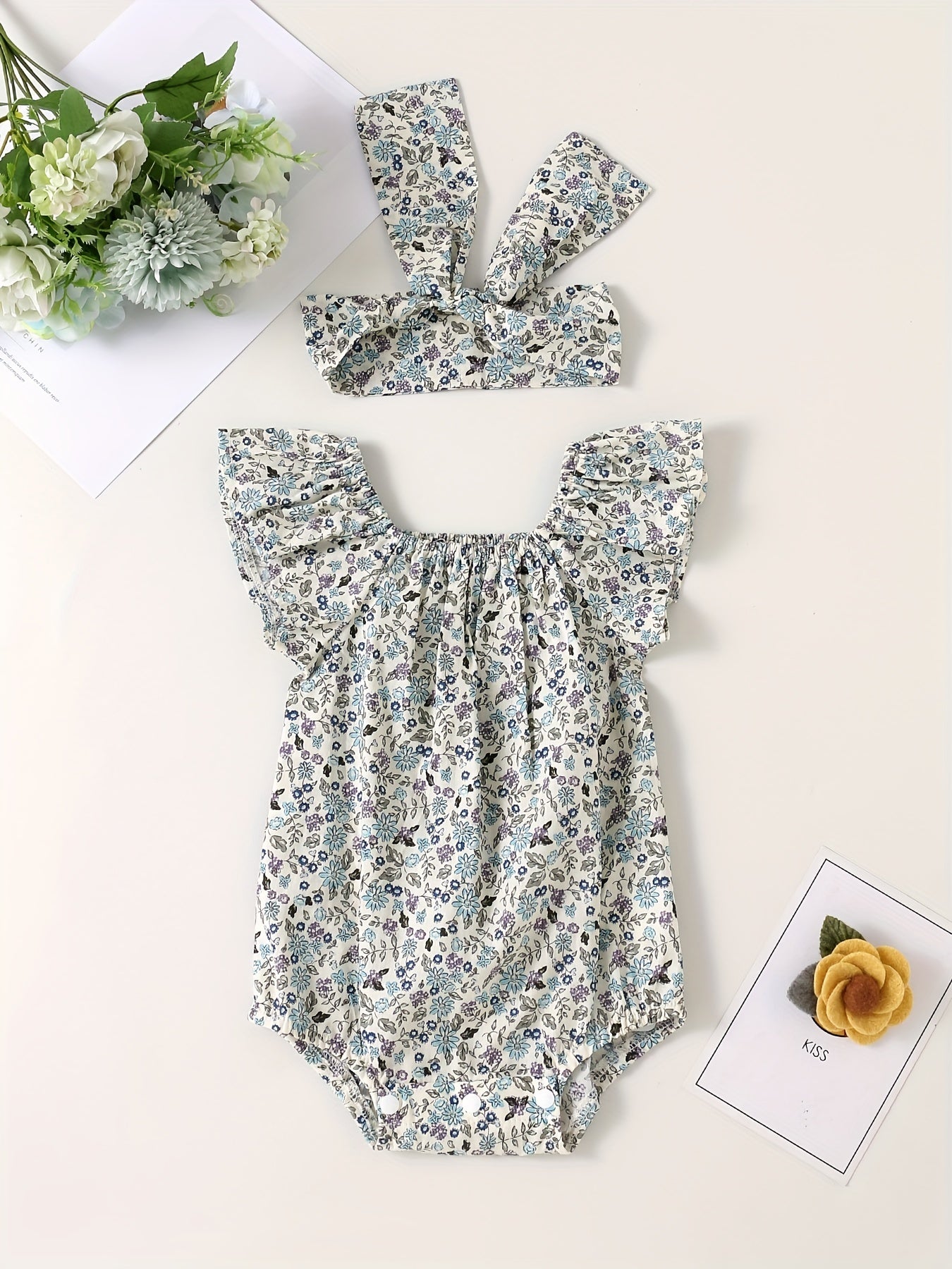 Baby Girls Square Neck Onesies with Floral Print Romper