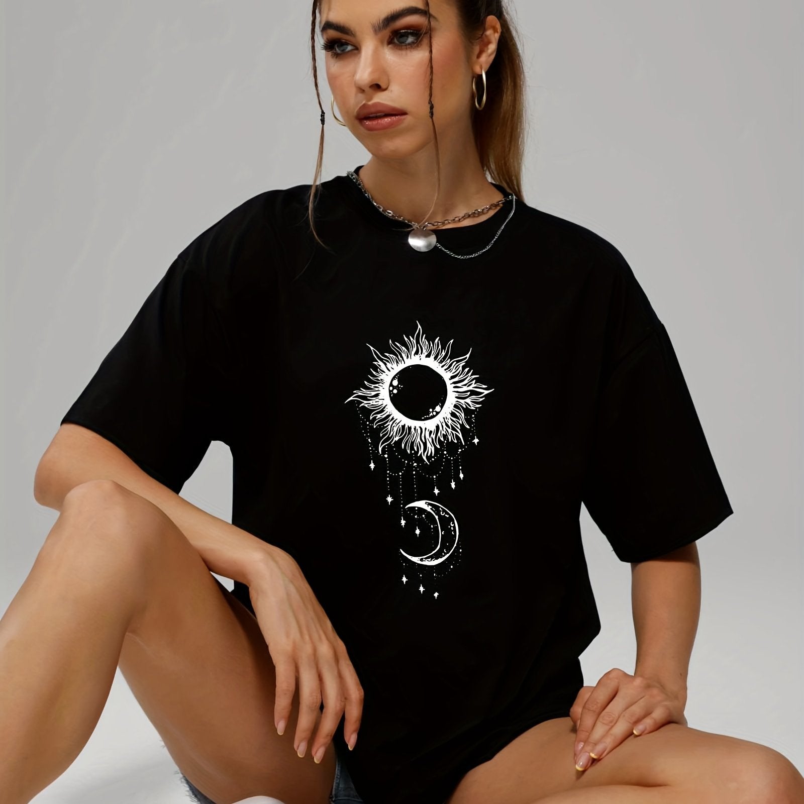 Sun & Moon Print Casual Short Sleeve Tee