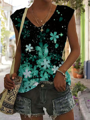 Turtles & Beach Print Tank Top V Neck Sleeveless Summer Women's Clothing