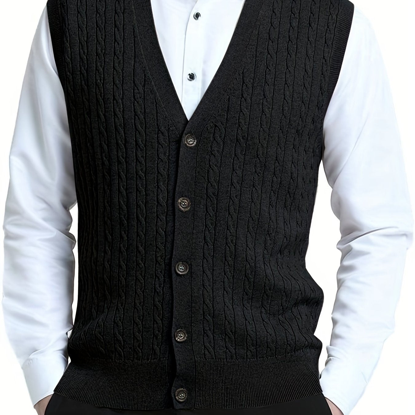 Men's Knit Cable Cardigan Vest V Neck Button Up Casual Vintage Style