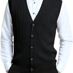 Men's Knit Cable Cardigan Vest V Neck Button Up Casual Vintage Style
