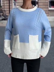 Colorblock Crew Neck Pocket Sweater Loose Long Sleeve Knit Fall Winter