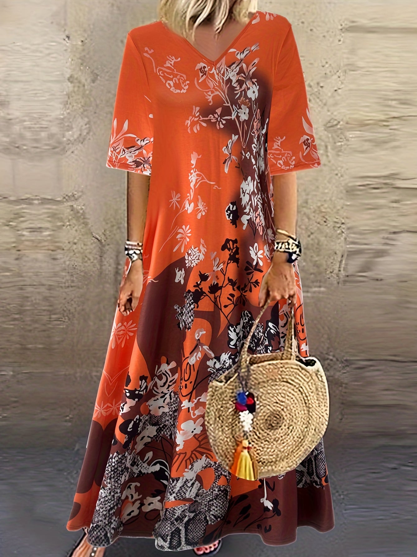 Women's Floral Print Maxi Dress V Neck Half Sleeve Slight Stretch