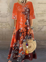 Women's Floral Print Maxi Dress V Neck Half Sleeve Slight Stretch