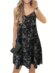 Floral Print V Neck Dress Spaghetti Strap Sleeveless