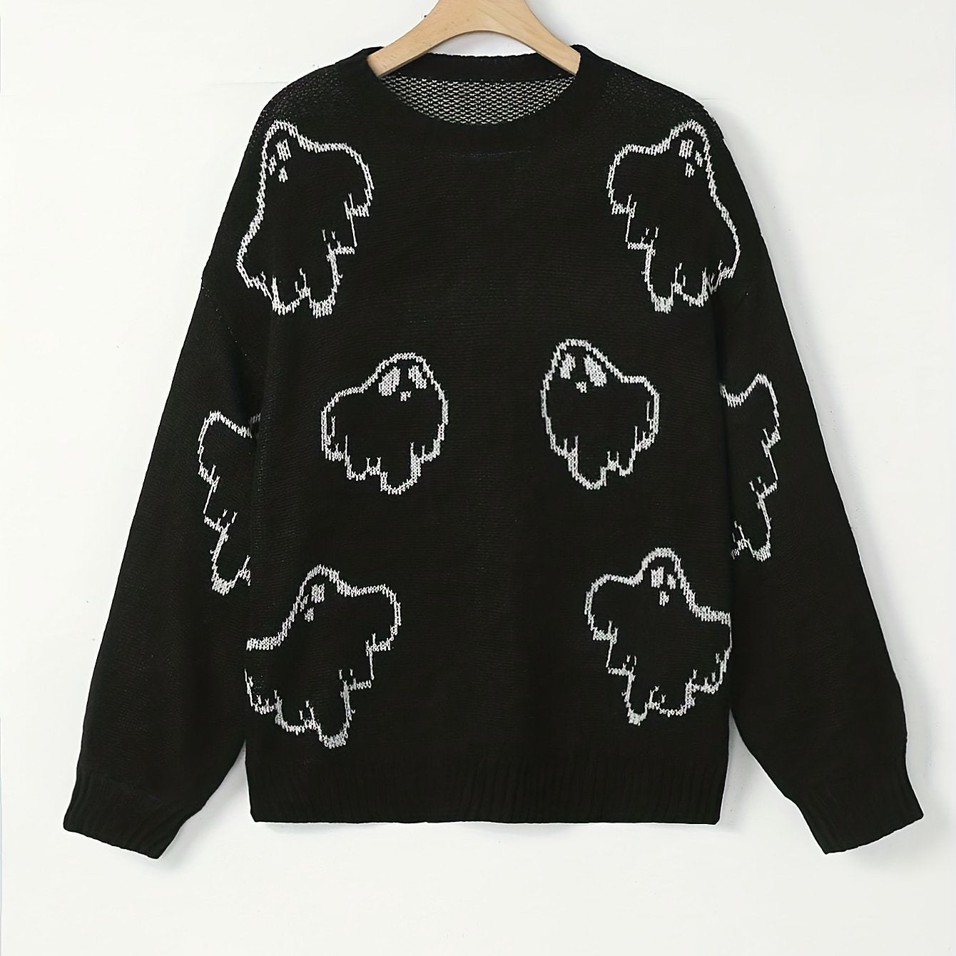 Women's Plus Ghost Pattern Halloween Sweater Long Sleeve Pullover