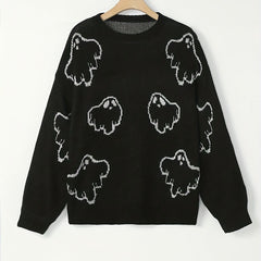 Women's Plus Ghost Pattern Halloween Sweater Long Sleeve Pullover