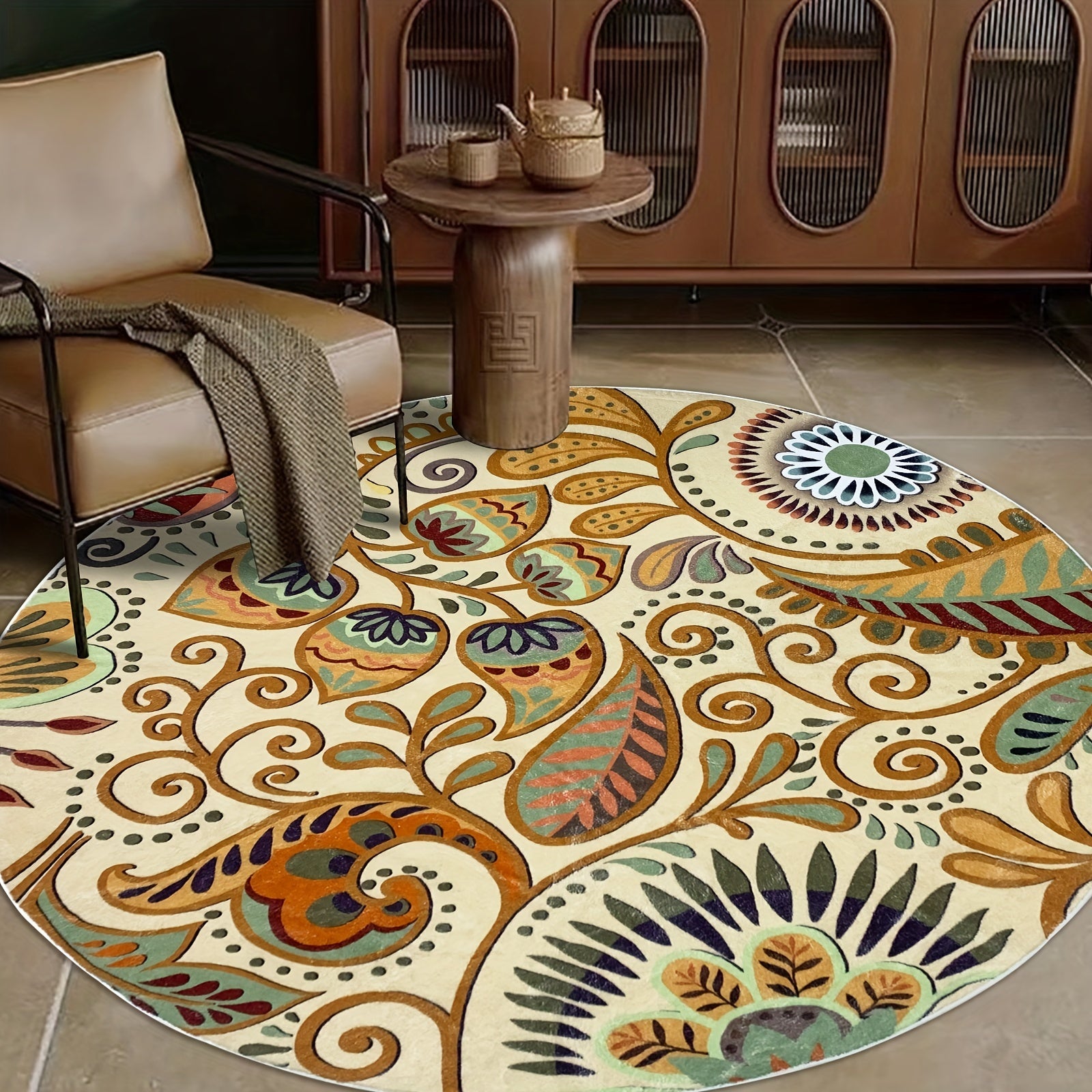 Large Circle Rug Paisley Floral Rugs Machine Washable Low Pile Floor Mat