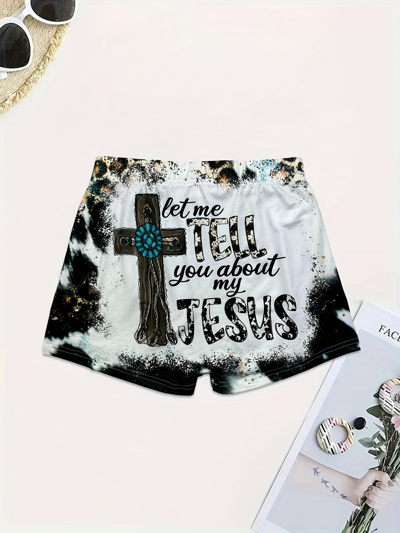 Letter & Cross Print Skinny Shorts for Women