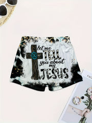 Letter & Cross Print Skinny Shorts for Women