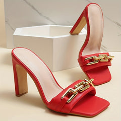 Metallic Buckle High Heel Sandals Open Toe Slip On Block Heels