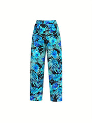 Casual Matching Two piece Set Solid Crop T shirt Plant Print Pants Outfit