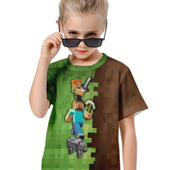 Kids Cartoon Game Graphic Short Sleeve T-shirt, Breathable & Sporty, Ages 4-14