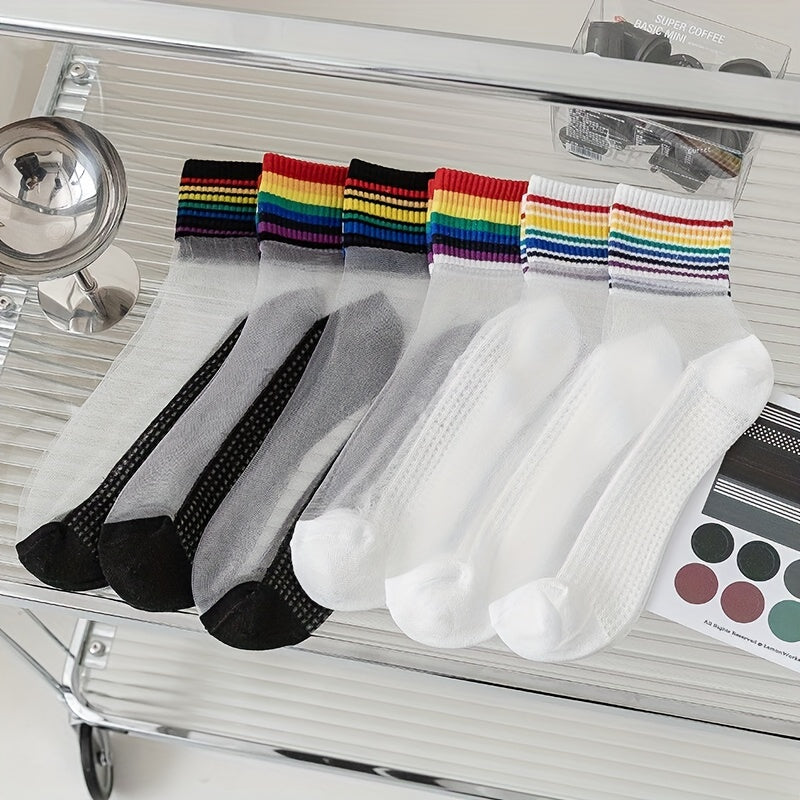 6 Pairs Rainbow Striped Crew Socks for Women