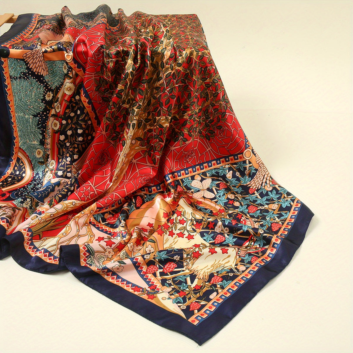 Geometric Floral Printed Satin Square Scarf for Hair Wrapping