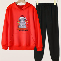 Hippos Print Hooded Pullover Pants Set for Sports Spring Fall