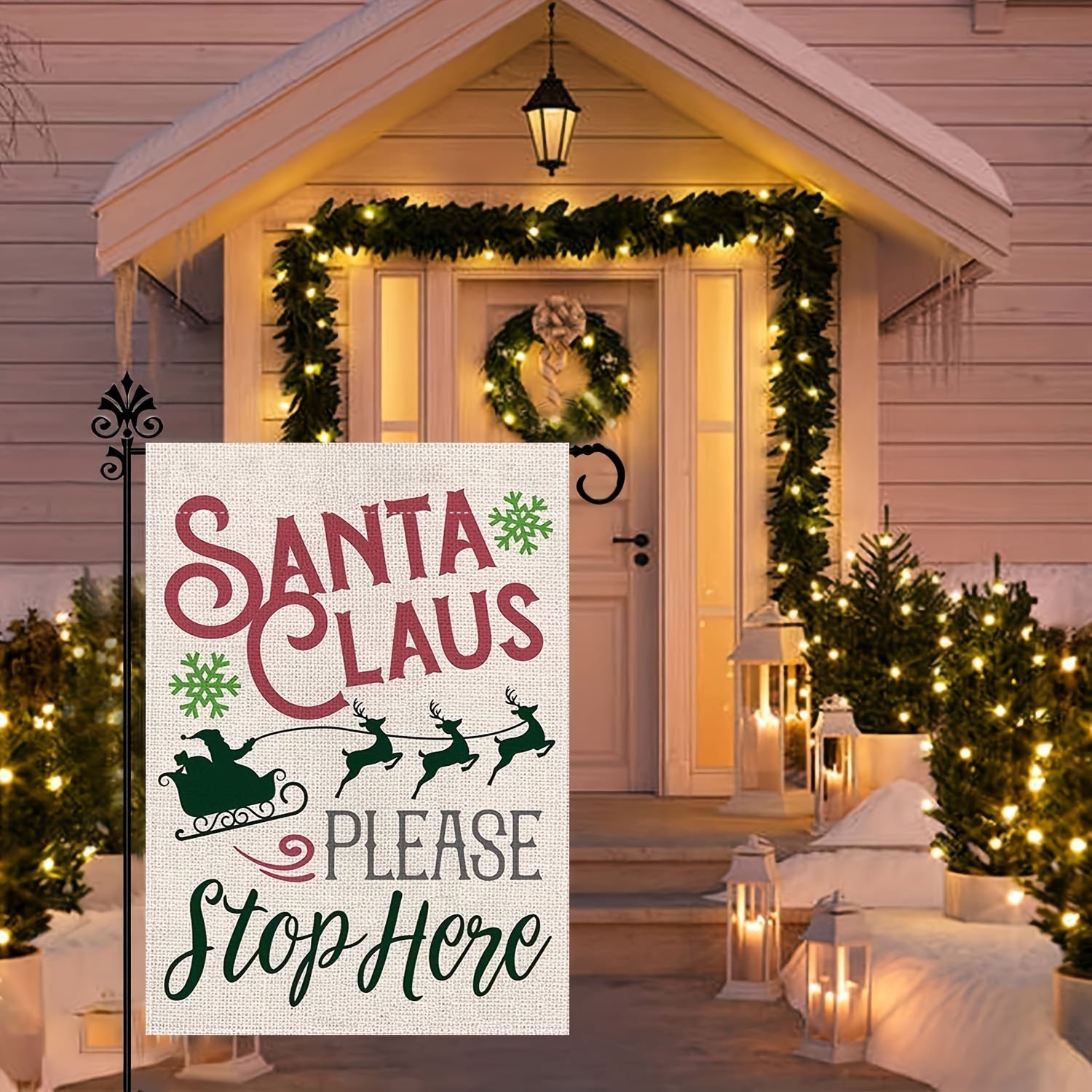 Christmas Garden Flag Santa Claus Sleigh Reindeer Burlap Vertical Stop Here