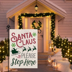 Christmas Garden Flag Santa Claus Sleigh Reindeer Burlap Vertical Stop Here