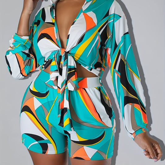Geometric Print Twist Front Crop Top & Shorts Set