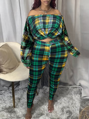 Plaid Twist Front Off Shoulder Crop Top & Leggings Set