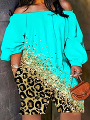 Glitter Leopard Print Plus Size Off Shoulder Romper