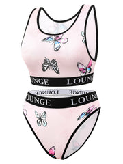Sporty Underwear Set Women's Plus Butterfly Print Letter Tape