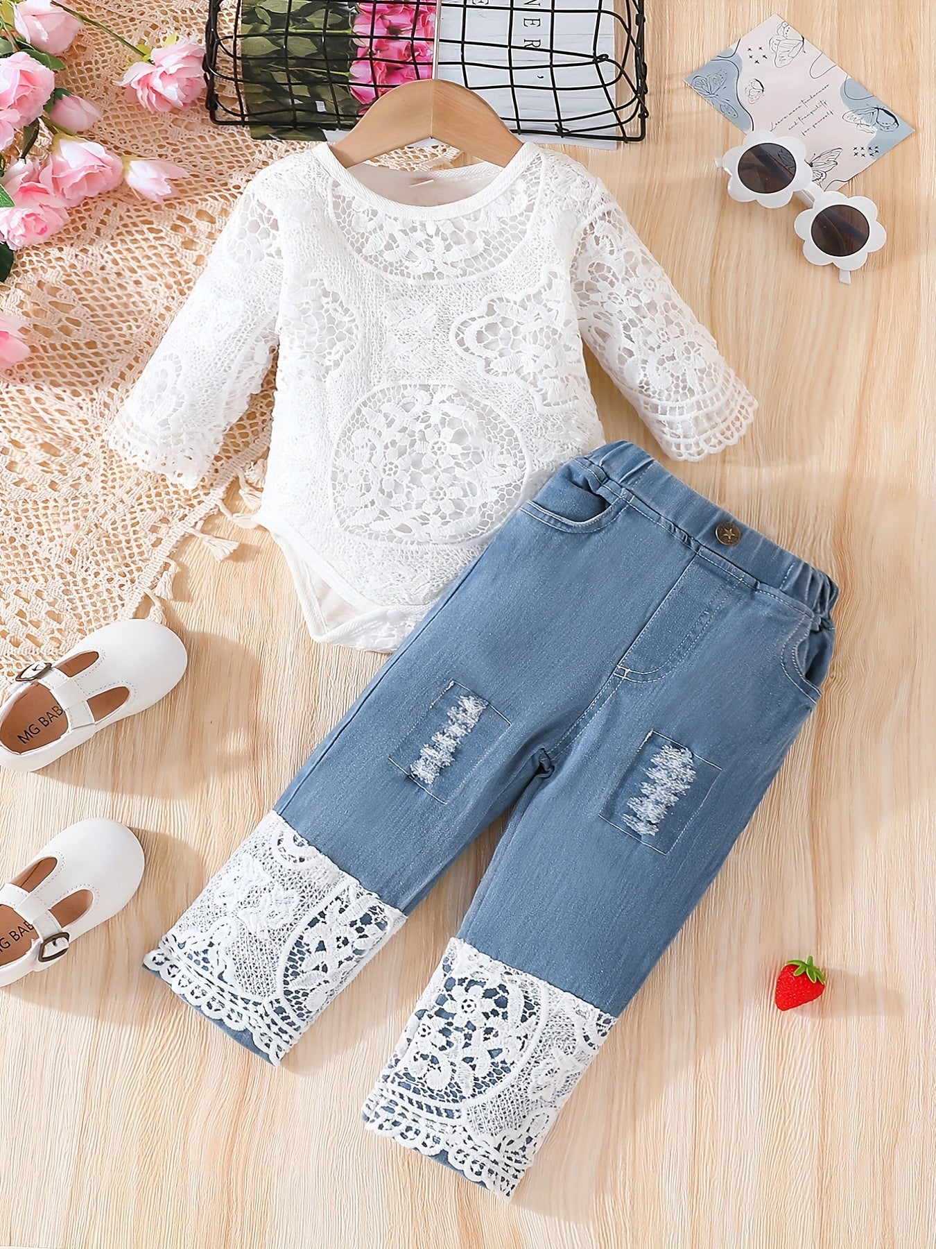 Baby Girl's Lace Romper Jeans Set