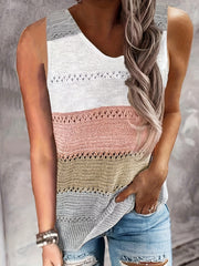 Colorblock Stripe Knitted Tank Top V Neck Sleeveless Top