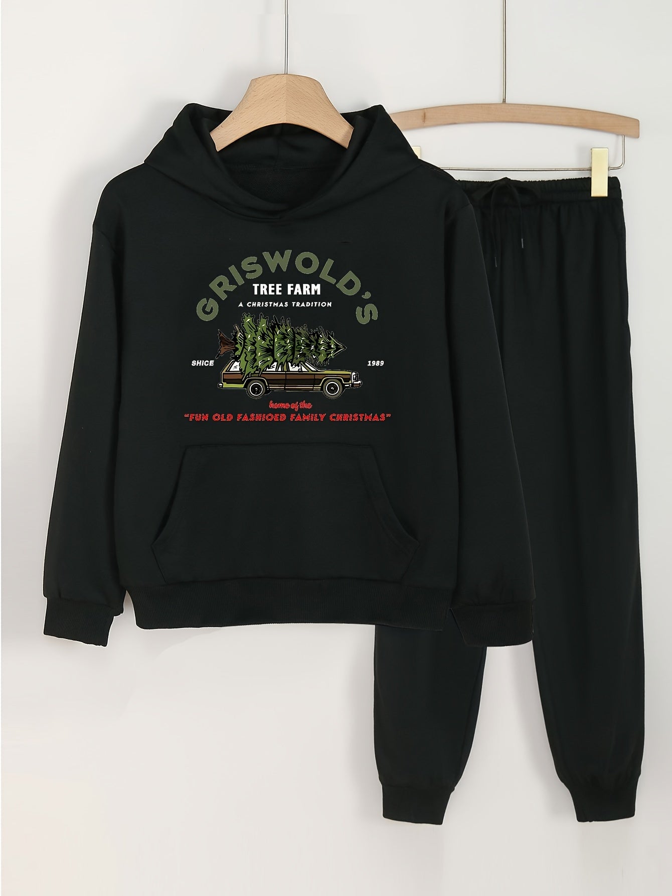 Cartoon Tree Farm Graphic Hoodies & Jogger Pants Set For Girls