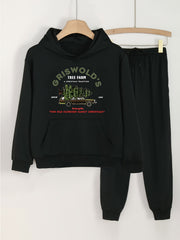 Cartoon Tree Farm Graphic Hoodies & Jogger Pants Set For Girls