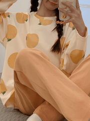 Fruit Print Pajama Set Long Sleeve Top & Pants Women's Sleepwear