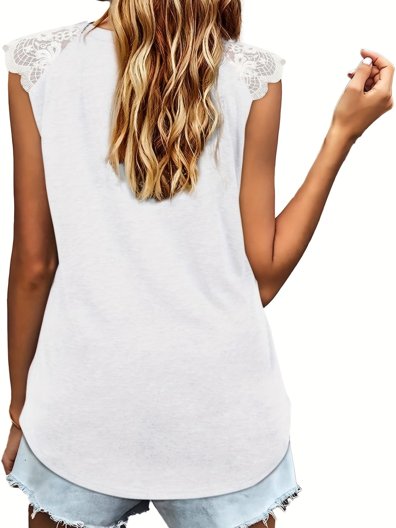 V Neck Tank Top Lace Stitching Sleeveless Summer Casual