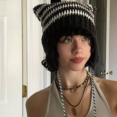 Harajuku Striped Knit Beanie Pom Pom Tassel Gothic Cap Cat Ears Hats