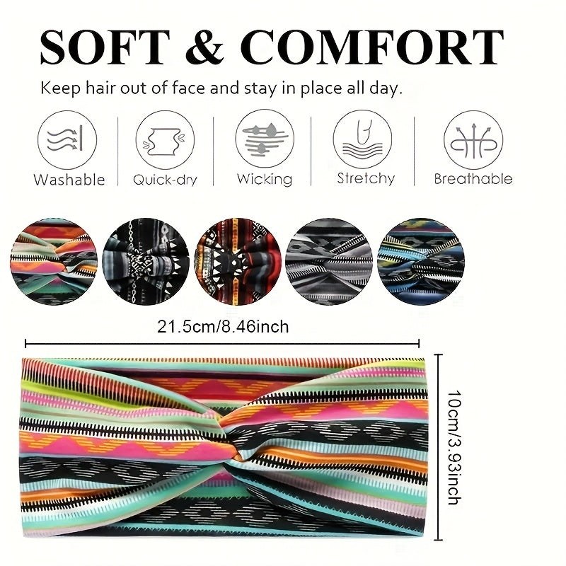 6pcs Boho Headband Wide Flower Hair Band Elastic Sports Sweatband