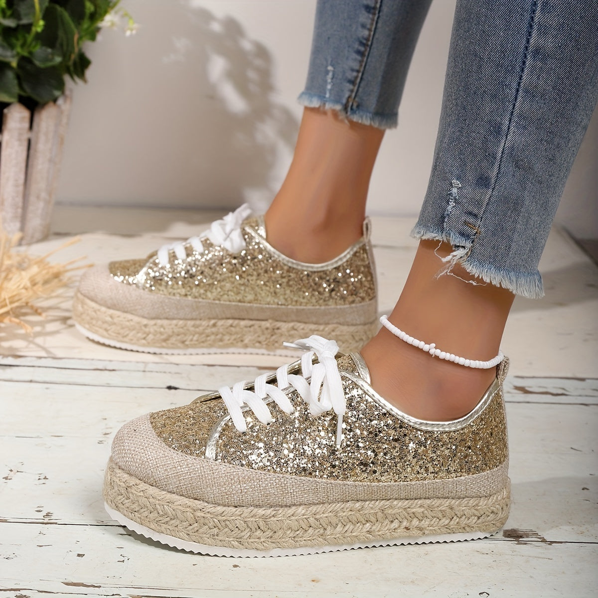 Women's Glitter Sequins Platform Sneakers Lace Up Espadrille Shoes
